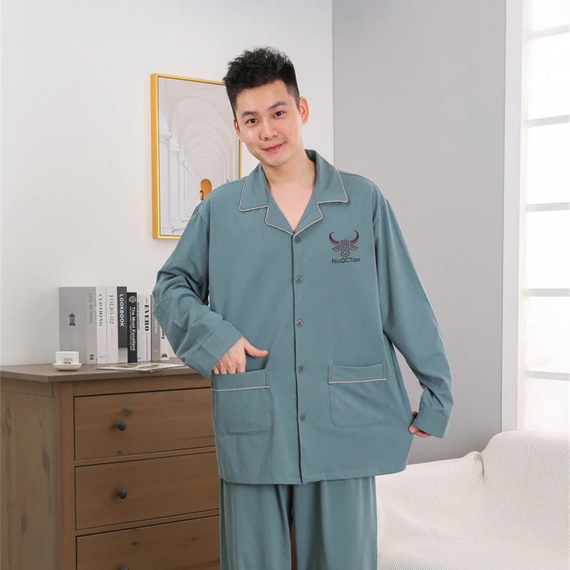 男士加肥加大款300斤胖子特大码纯棉春夏长袖宽松睡衣家居服套装