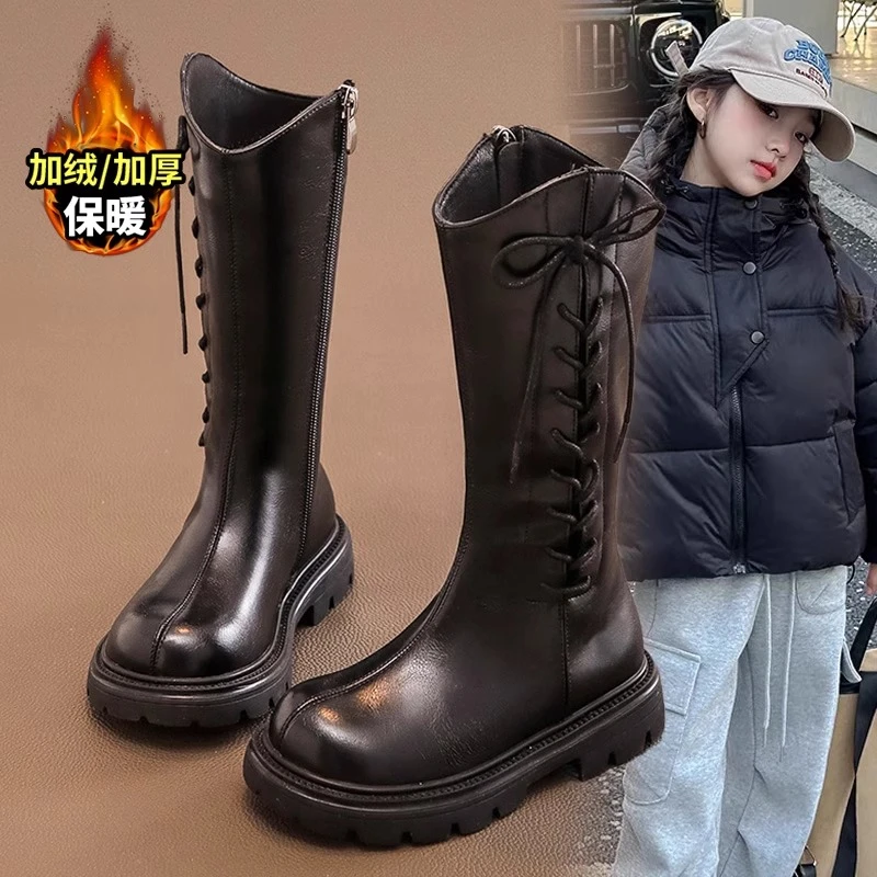 ABC女童靴子2024年新款秋冬长靴长筒靴冬季马丁靴高筒加绒皮靴