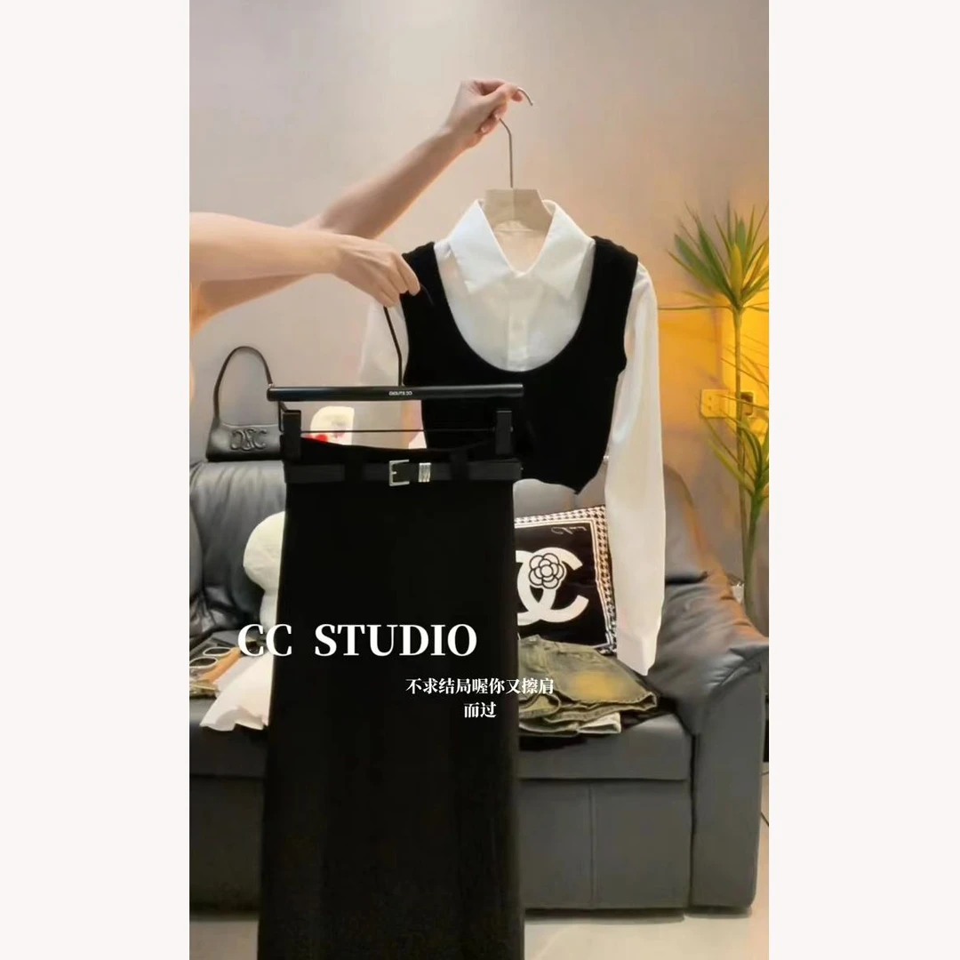 2025秋冬季穿搭一整套女新款韩版高级感显瘦衬衫马甲半身裙三件套