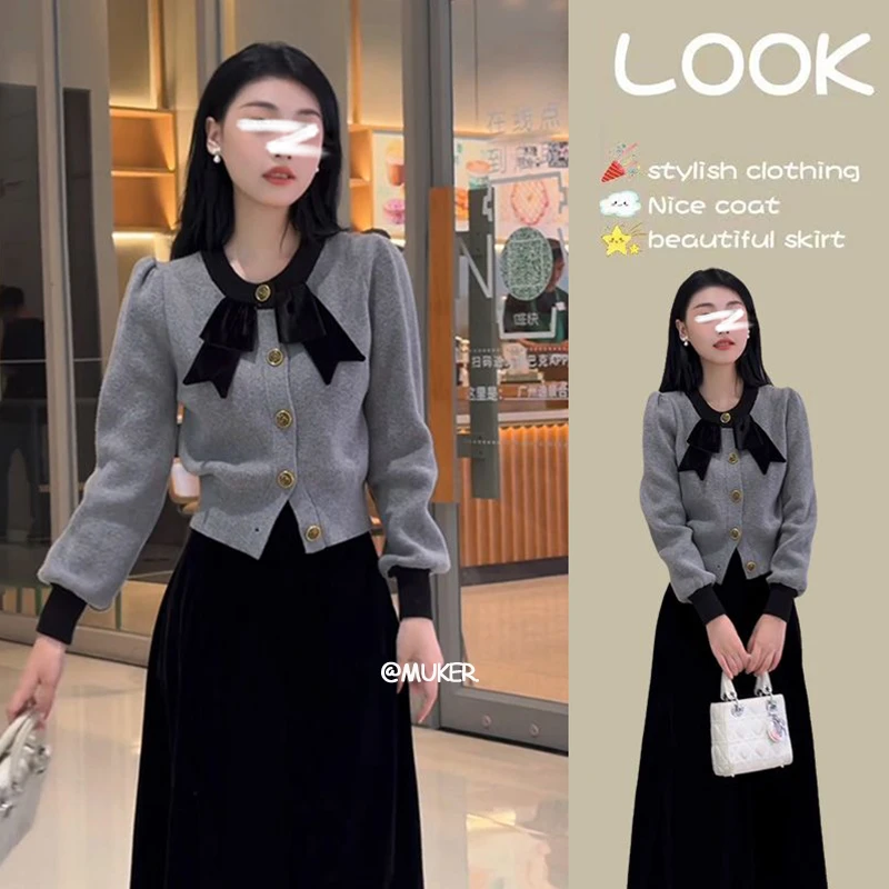 今年流行一整套女2025秋冬新款设计感蝴蝶结针织衫半身裙两件套装