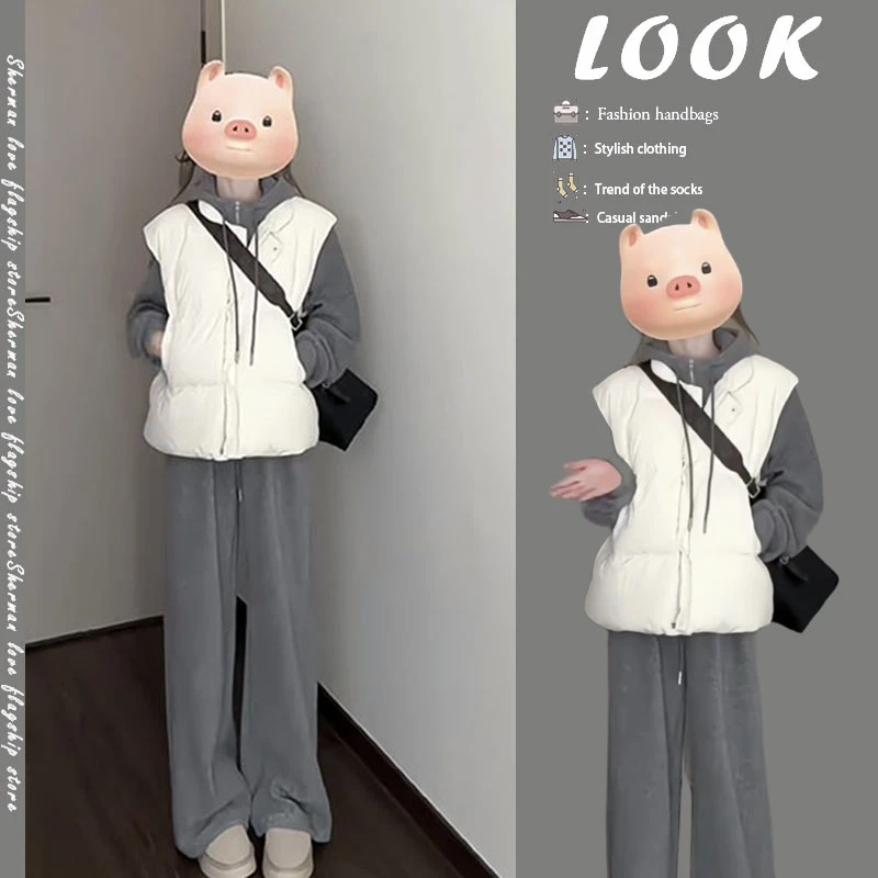 2024秋冬新款韩系慵懒连帽毛衣宽松叠穿棉服马甲休闲阔腿裤三件套