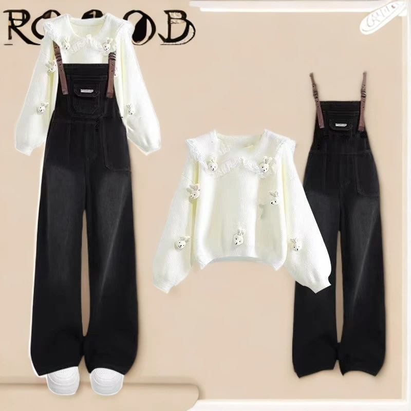 秋冬温柔系穿搭女2025新款洋气甜美翻领毛衣减龄背带牛仔裤两件套