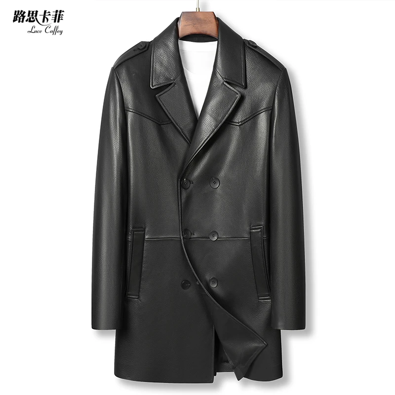 海宁新款头层山羊皮纽扣西装领中长款商务男士真皮皮衣 2502