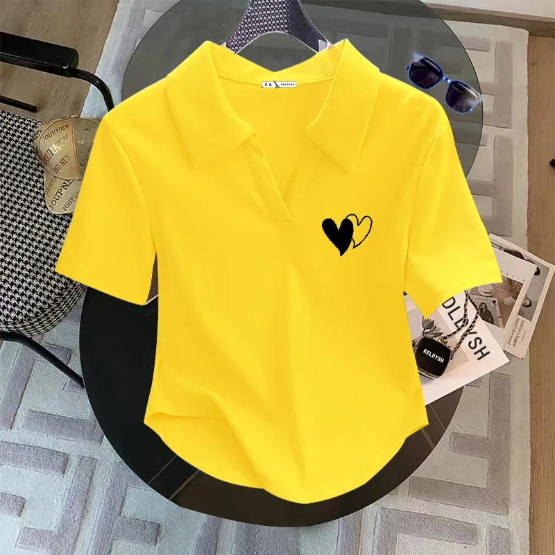 POLO领短袖t恤女2025夏季新款小个子纯棉印花正肩弧形短款上衣潮