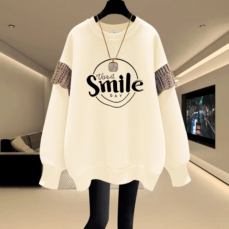 圆领卫衣女2025秋冬新款宽松韩版套头加绒加厚拼接中长款遮屁股潮