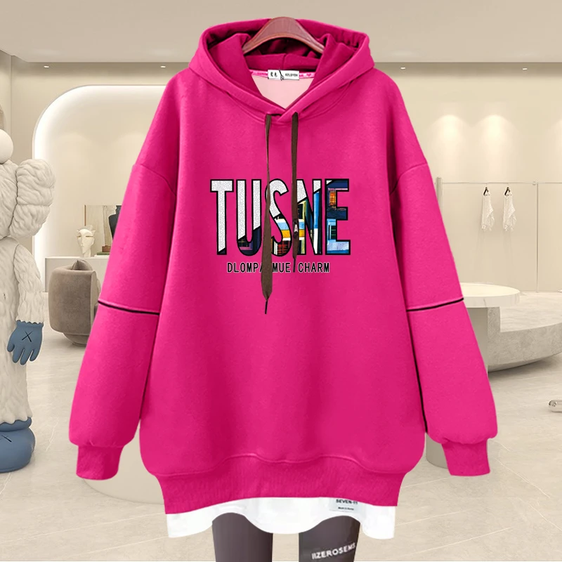 连帽卫衣女2024秋冬新款宽松慵懒风加绒加厚假两件中长款遮屁股潮