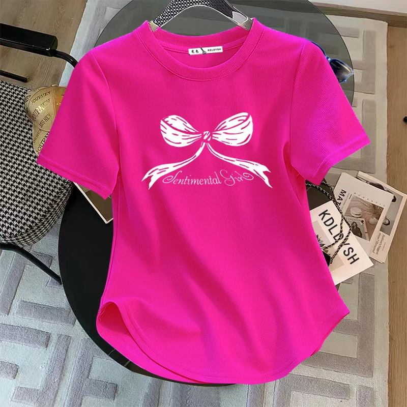 不规则短袖t恤女2025夏季新款小个子纯棉宽松印花圆领正肩上衣潮