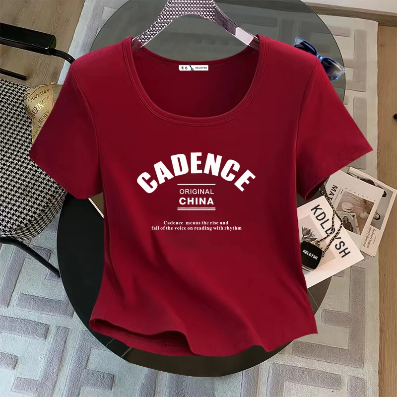 U领短袖t恤女2025夏季新款小个子修身正肩弧形短款体恤印花上衣潮