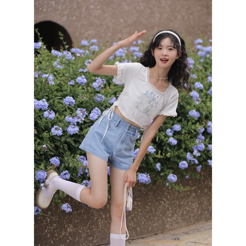 ‘’玲玖青青”小个子高腰显瘦设计感水洗夏季辣妹短裤12140