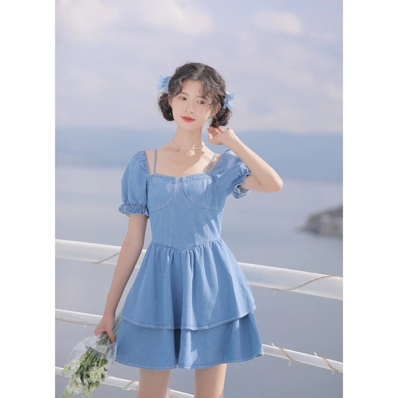 ’玲玖青青’法式小个子高腰裙子设计感吊带泡泡袖牛仔连衣裙12137