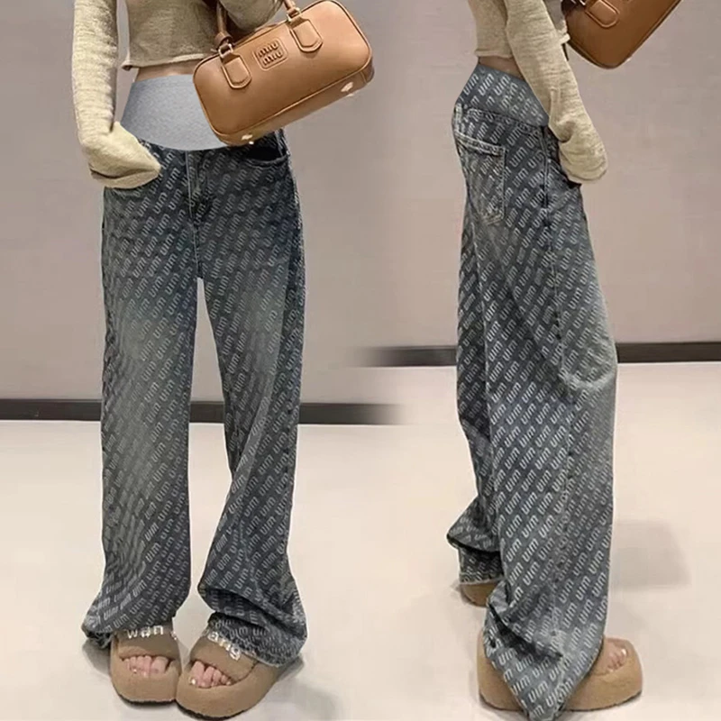 孕妇牛仔裤秋冬季加绒加厚新款时尚韩版爆款宽松字母直筒长裤春秋