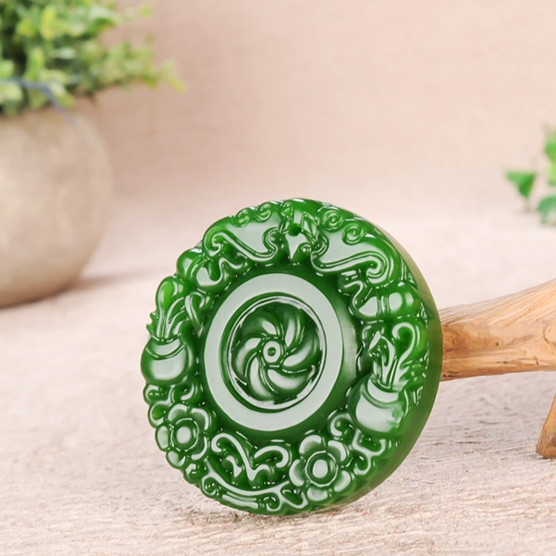 手工雕刻菠菜绿时来运转福寿如意满绿花开富贵毛衣项链挂件女款