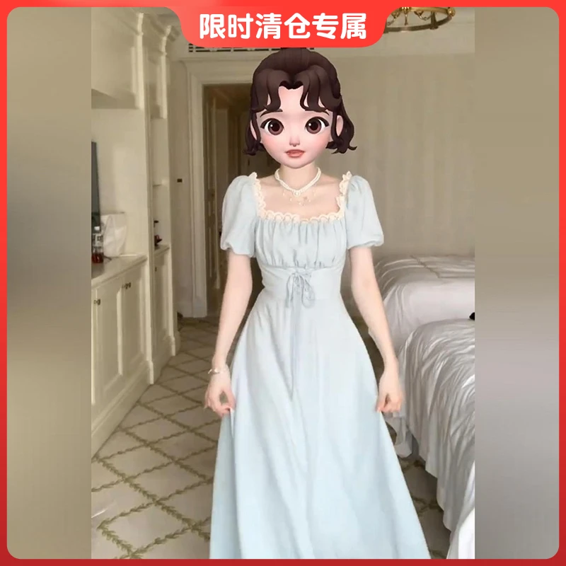 【反季清仓】B079方领泡泡袖连衣裙子女夏大码胖mm遮肚显瘦法式长裙