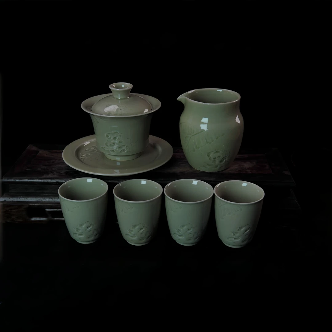 【沐青轩】越窑青瓷芭蕉倚石品茗茶具茶器盖碗套装家用日用中式礼盒