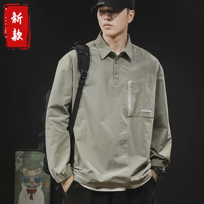 美式高级感长袖polo衫男宽松潮牌大码户外防水长袖翻领套头雅丹风