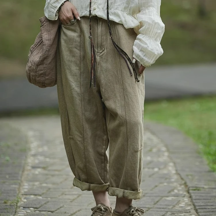 彭彭家 原创KT1433 亚麻棉植物染做旧复古休闲裤 几见