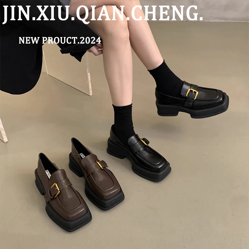 增高厚底乐福单鞋女2024春秋新款韩版复古方头粗跟小皮鞋女英伦风