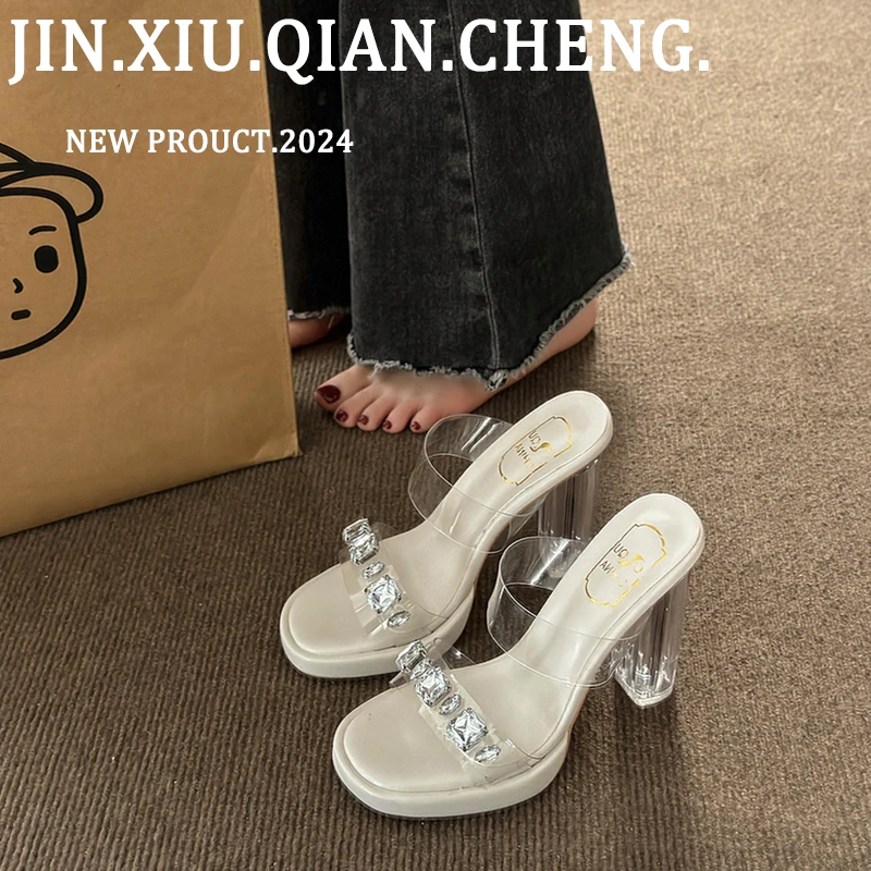 透明水晶超高跟凉鞋女夏秋小个子防水台凉鞋不累脚水钻外穿凉拖鞋