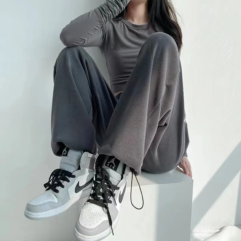夏季欧美风街拍辣妹春秋休闲裤运动裤女高腰束脚阔腿显瘦休闲卫裤