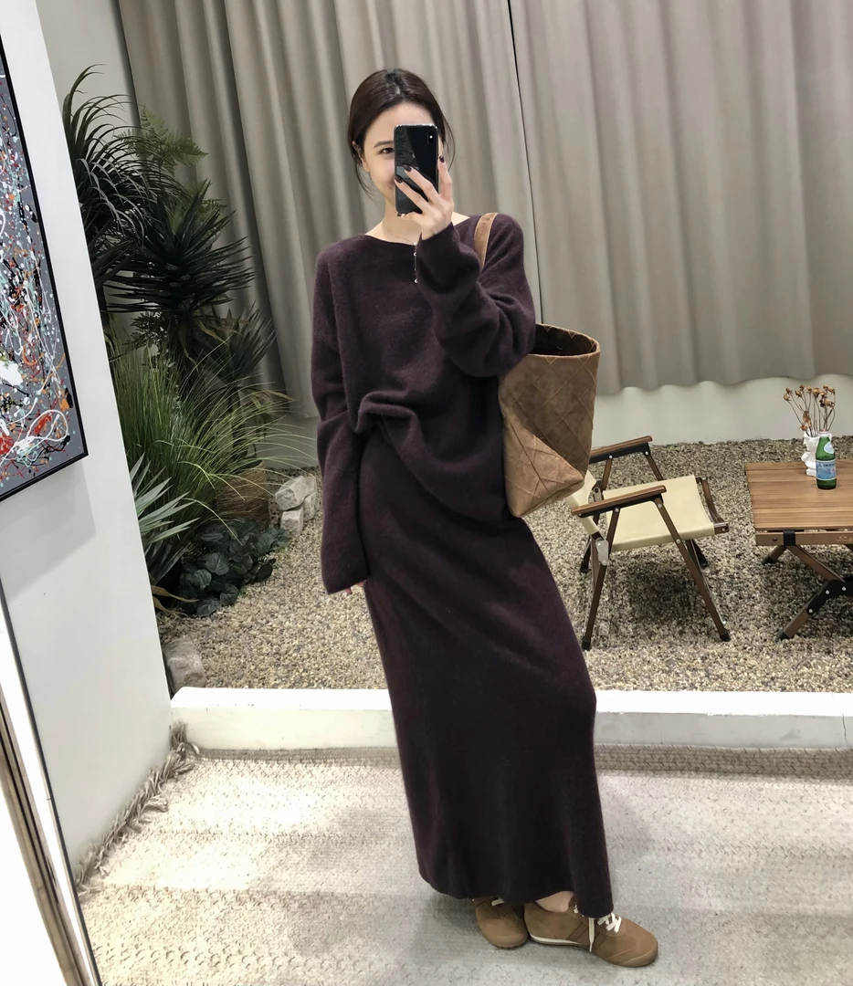 奢柔～法式云朵绵羊毛长毛慵懒廓形大落肩毛衣+显瘦长裙套装女士