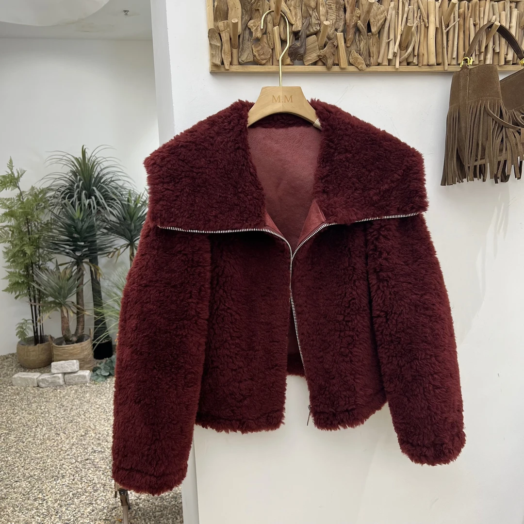 冬季法式高级感复古安可拉红2024全羊毛羊剪毛复合一体大翻领外套