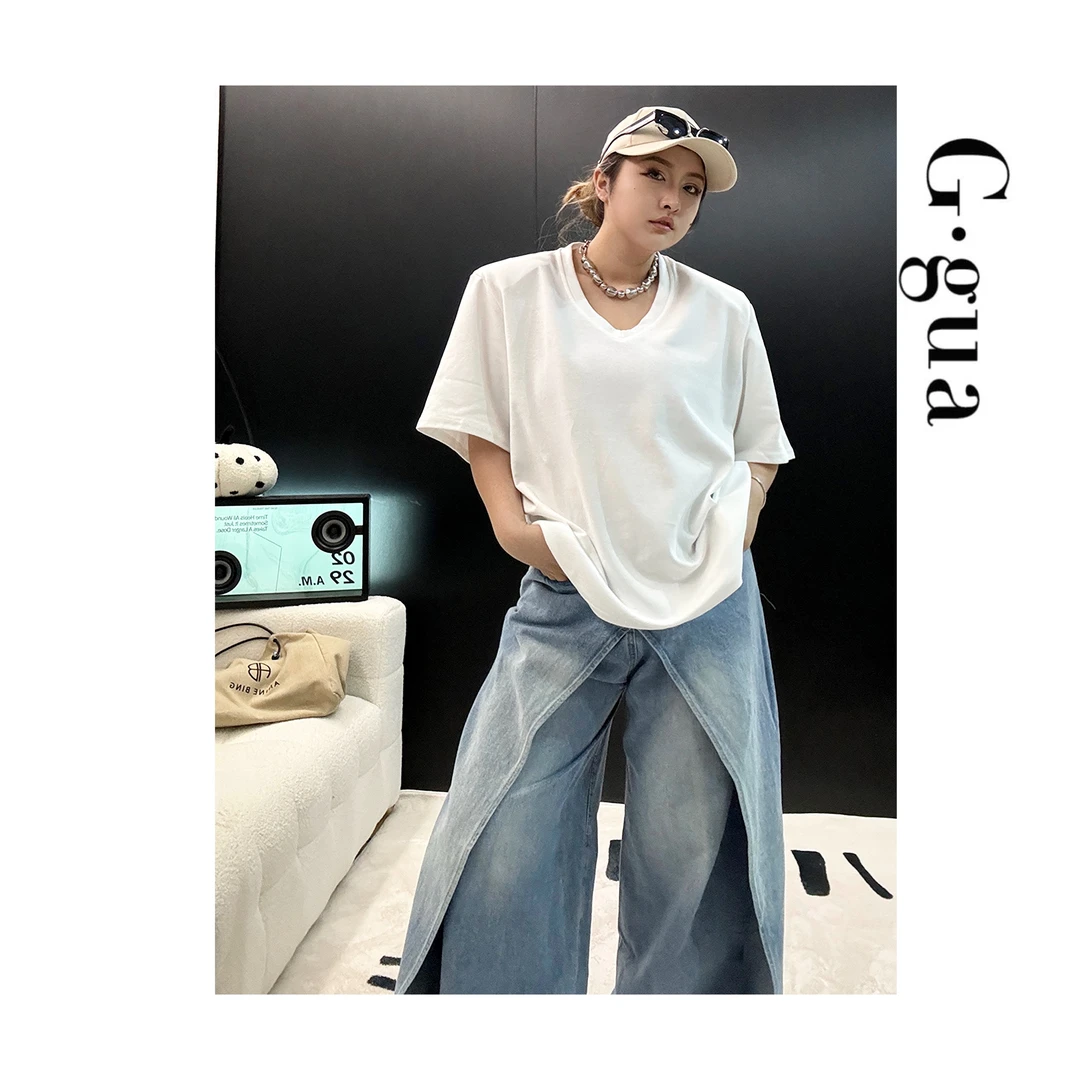 【张_Ggua】大码韩版小心机深v领短袖t恤女宽松大版半袖中长款上衣