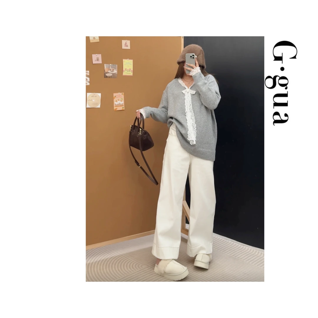 【张_Ggua】大码百搭满分加绒高腰阔腿牛仔裤女宽松直筒九分裤女