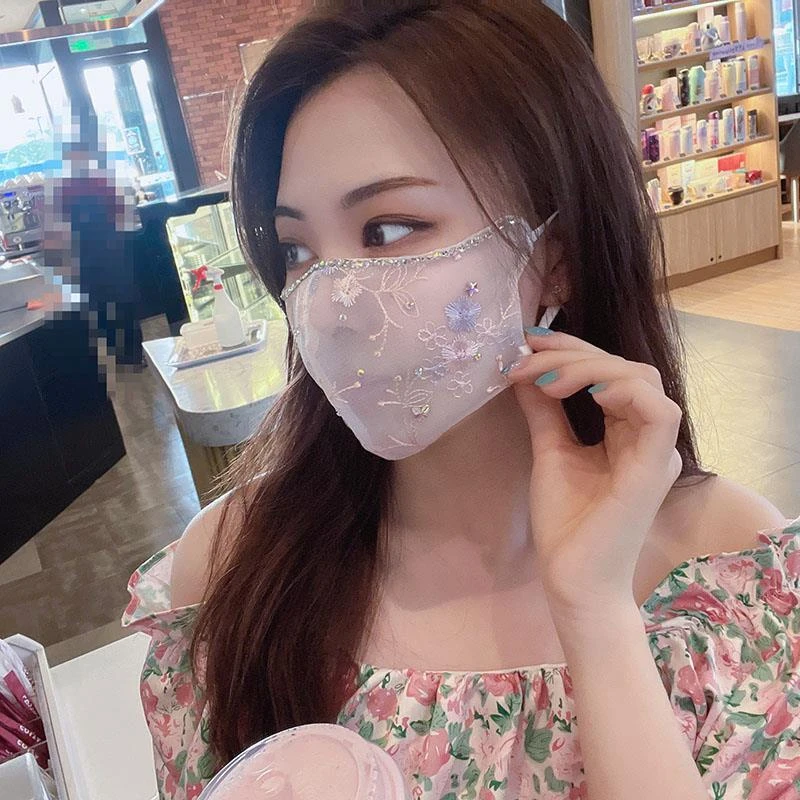 国风刺绣口罩粉色绣花面纱遮脸古风仙气防晒挂耳夏天氛围感蕾丝女