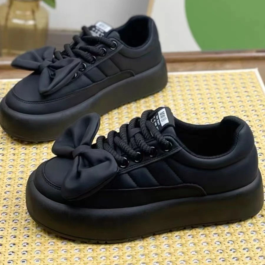 B501 黑色 丑萌大头厚底女鞋韩版百搭蝴蝶结面包鞋