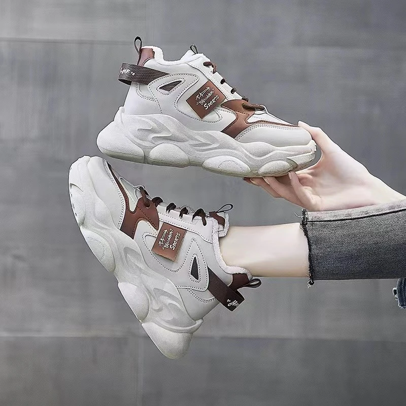 8806 米棕 加绒加绒休闲老爹鞋女冬季复古棉鞋高帮运动女鞋