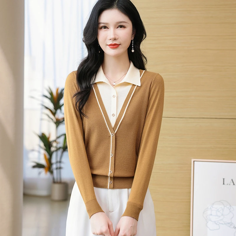 【绵羊毛】2024春季打底时尚假两件开衫长袖针织衫撞色百搭短款显瘦