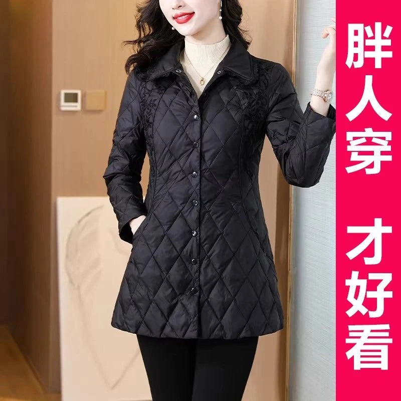 200斤高档大码春装刺绣羽绒服女2025中年妈妈收腰保暖中长款