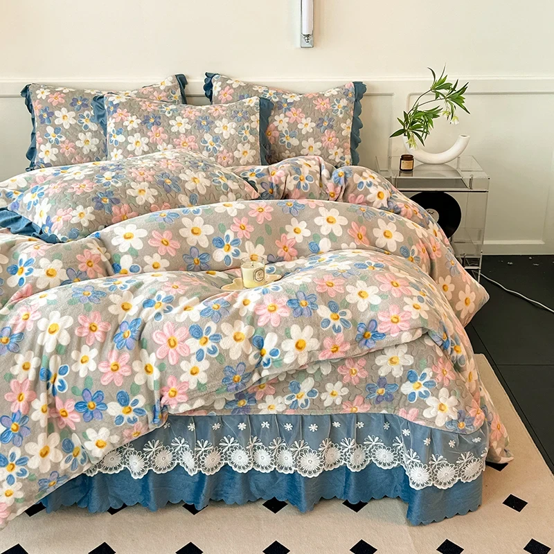 美凯晶冬季床盖四件套保暖加厚床盖4件套牛奶绒1.8米床裙床上用品