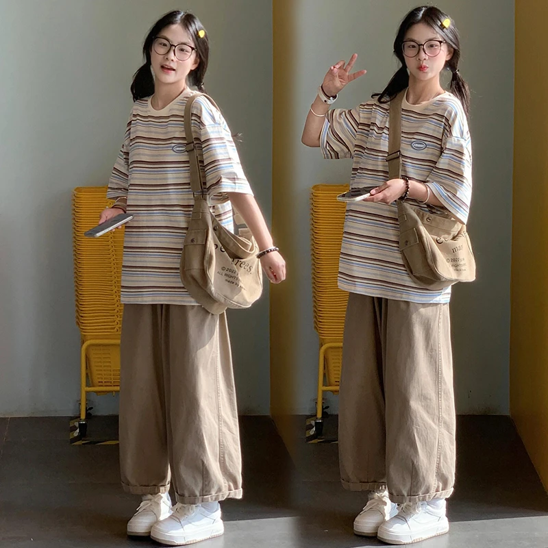 韩系慵懒学院风休闲套装夏季女装15-18岁初中生女孩阔腿裤两件套