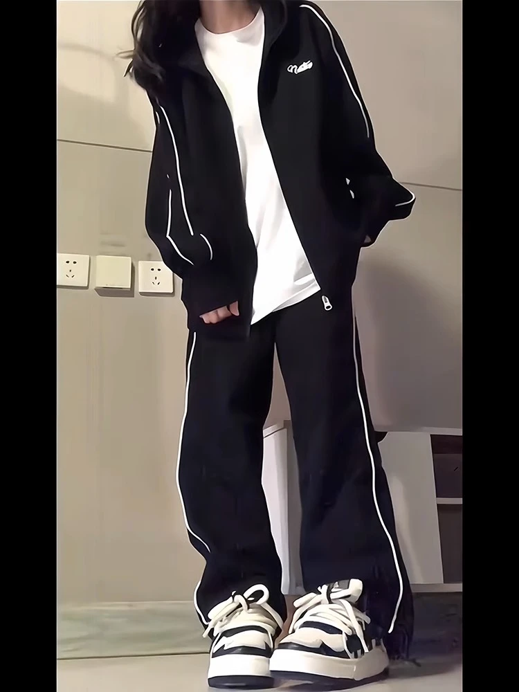 美式运动服套装女秋冬学院风宽松卫衣开衫外套长裤休闲两件套跑步