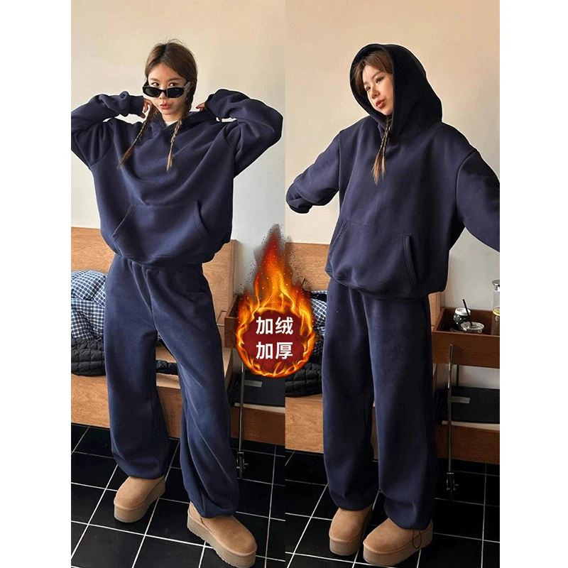 加绒加厚休闲运动服套装女秋冬季大码卫衣卫裤炸街高级感两件套