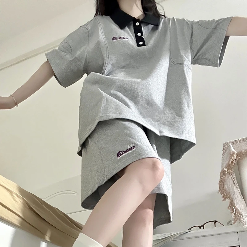 灰色两件套学生套装女15-18岁时尚潮流宽松短袖短裤夏天一整衣服