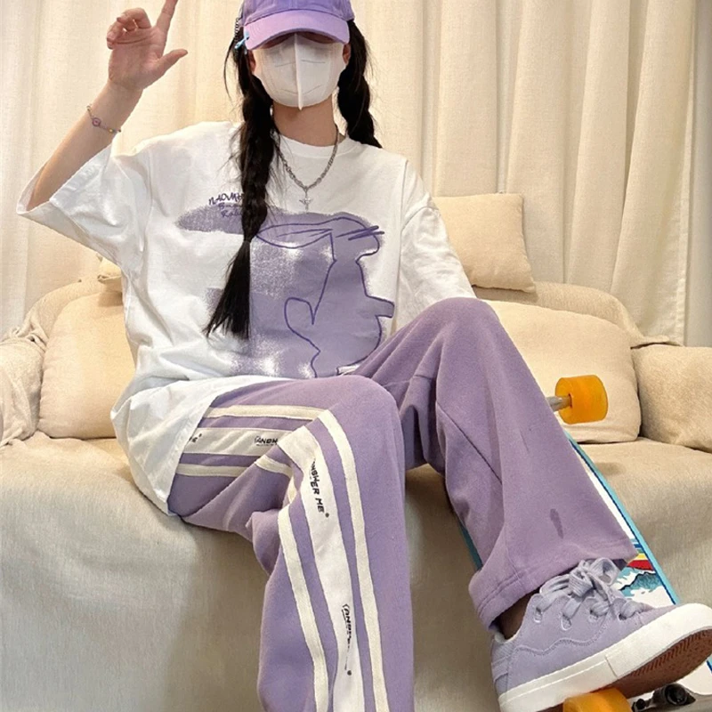 紫色运动套装女爆款15-18岁大学生体育课休闲宽松夏天衣服一整套