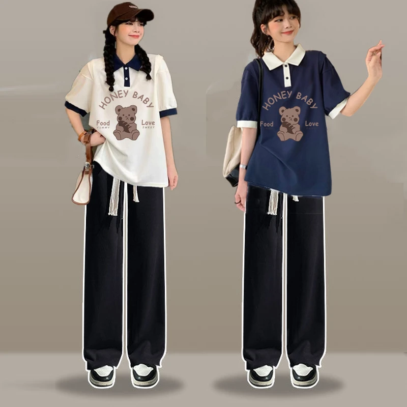 学院风polo衫休闲两件套女装薄款初中学生12-15岁微胖女大童套装