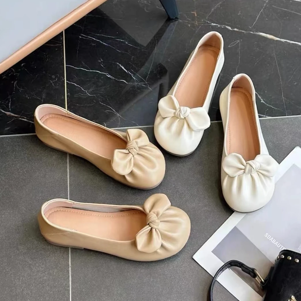 平底百搭轻便软底软面蝴蝶结女士单鞋浅口圆头奶奶鞋休闲时尚5091