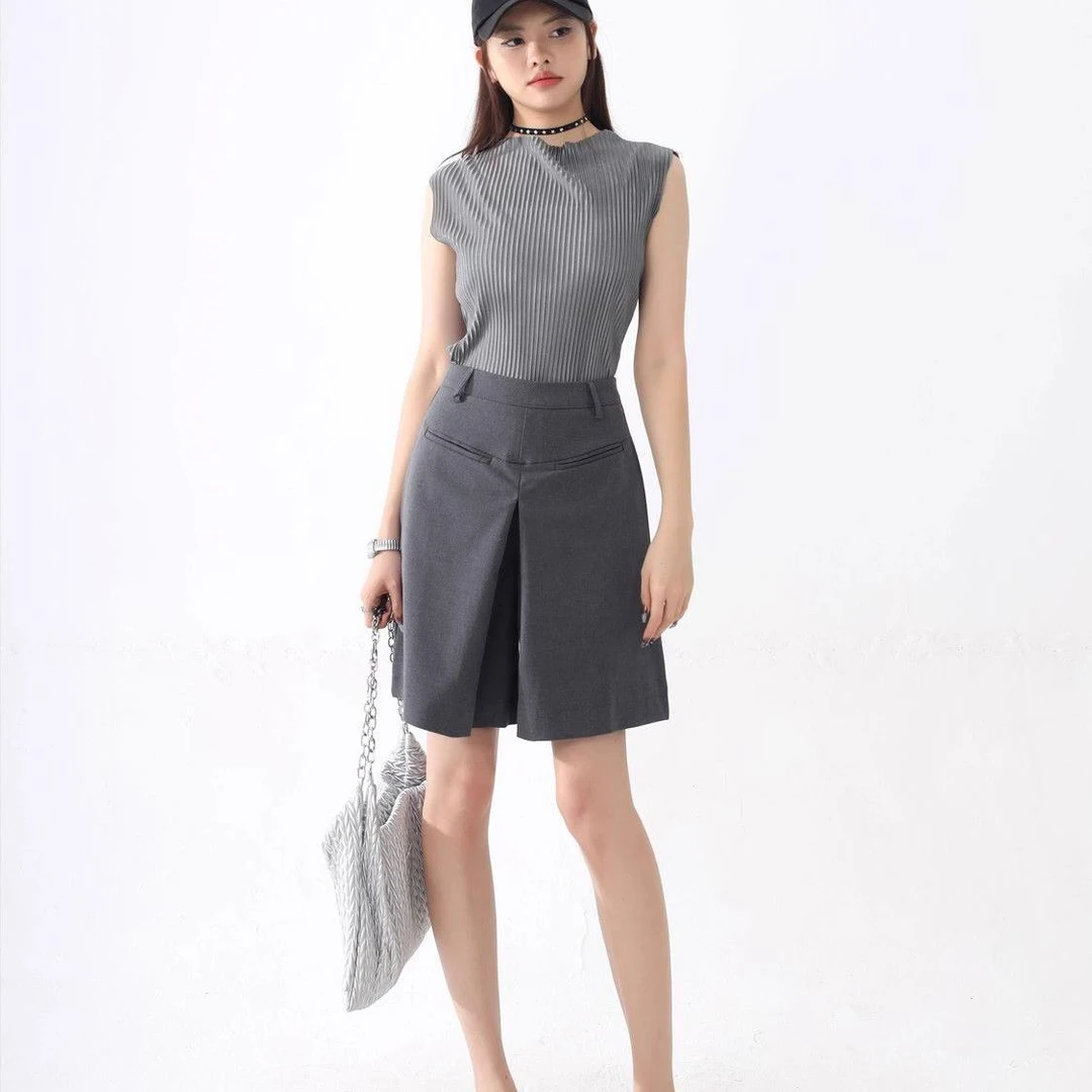 雅痞叠褶高腰中短西装裤女秋冬大码胖mm设计感休闲显瘦阔腿五分裤