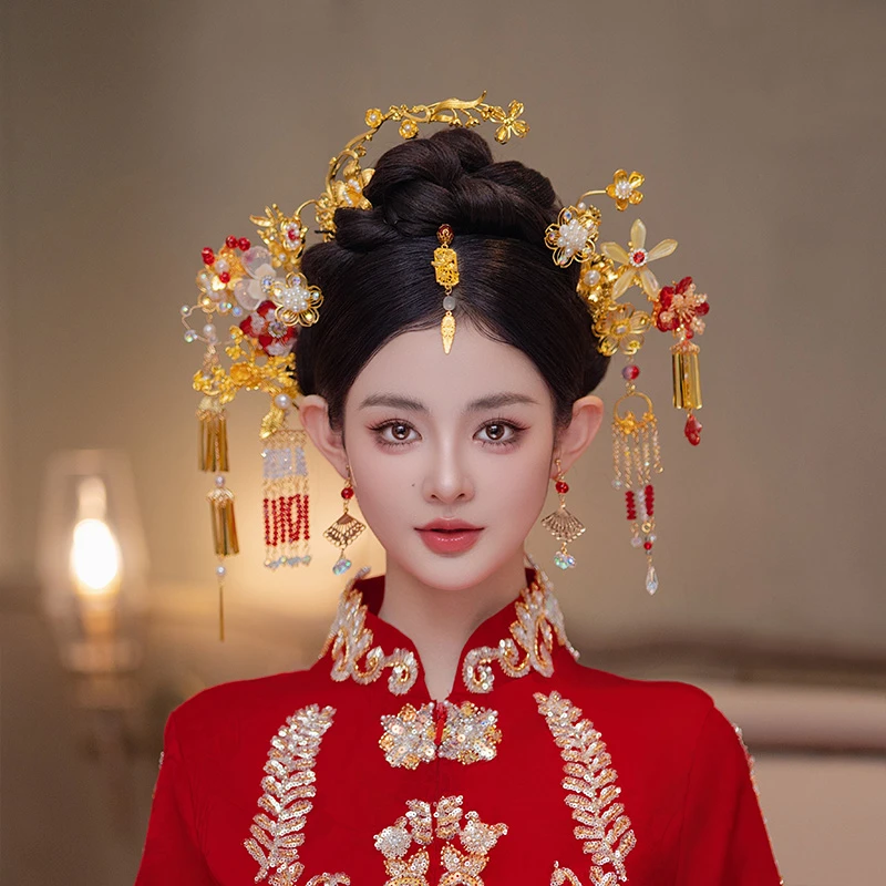 合金婚庆饰品 中式秀禾服金红色头饰古风眉心坠花朵新娘发饰MYQ65