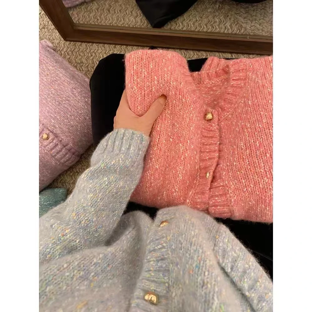 【丂枧家】秋冬季新款韩系时尚圆领单排扣花纱羊绒针织开衫女