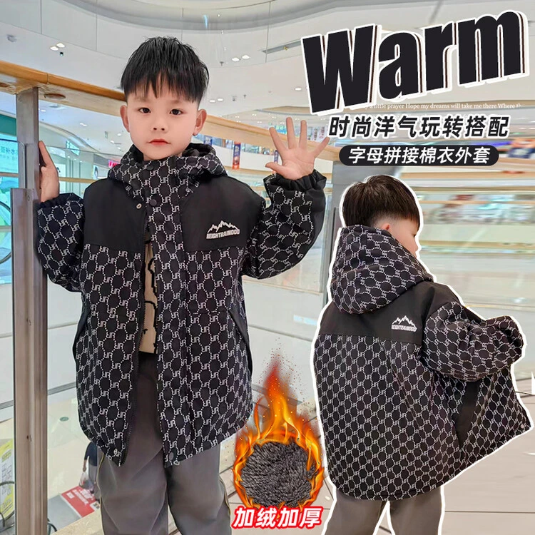 男童秋冬加绒外套儿童装冲锋衣加厚风衣派克服中大童冬季棉服帅炸