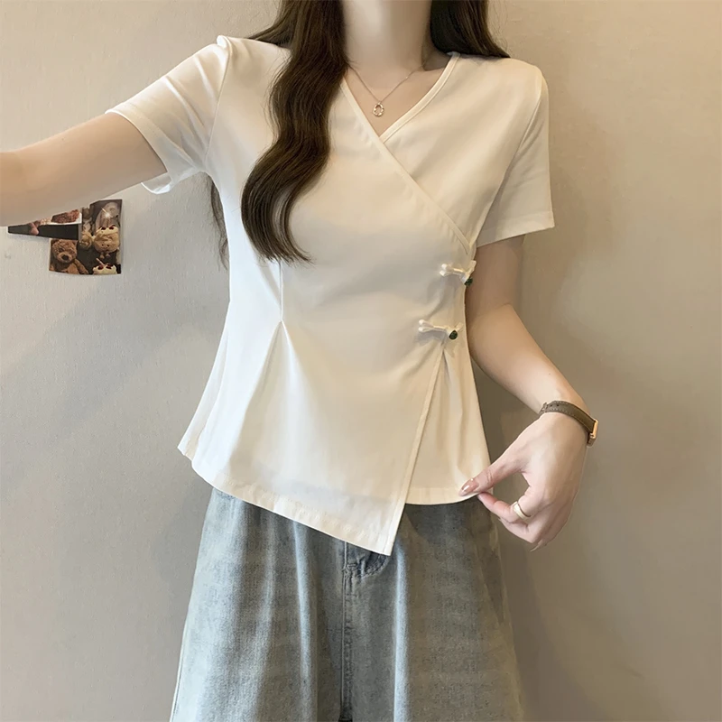 大码女装国风盘扣短袖t恤女夏季胖妹妹收腰显瘦不规则正肩v领上衣