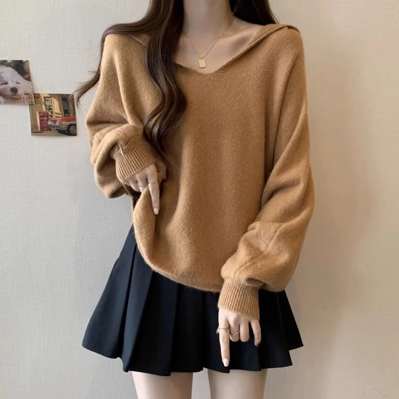 大码遮肚子海军领长袖毛衣女秋冬胖妹妹显瘦百搭不规则针织衫上衣