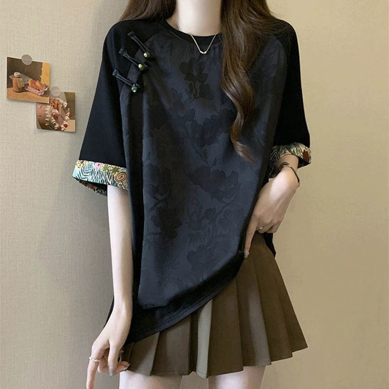 大码高级感国风改良重工拼接提花短袖T恤女夏季胖mm显瘦盘扣上衣