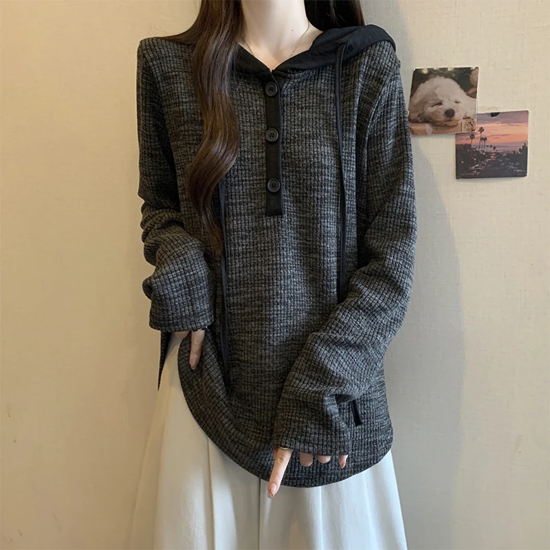 大码遮肉慵懒风连帽长袖T恤女秋冬新款胖mm宽松显瘦洋气减龄上衣