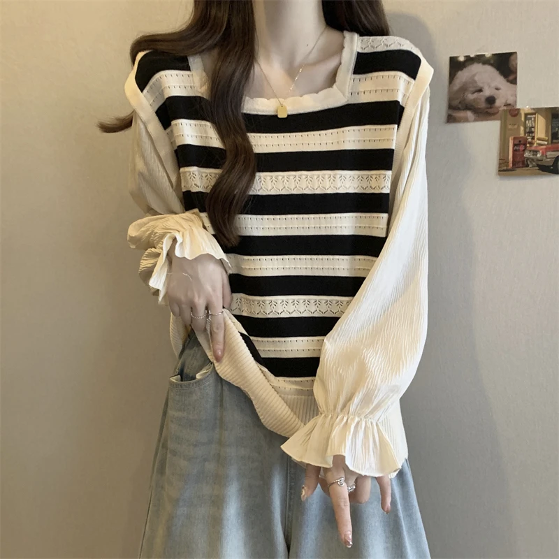 法式方领正肩条纹针织衫女春秋大码胖妹妹气质减龄显瘦假两件上衣