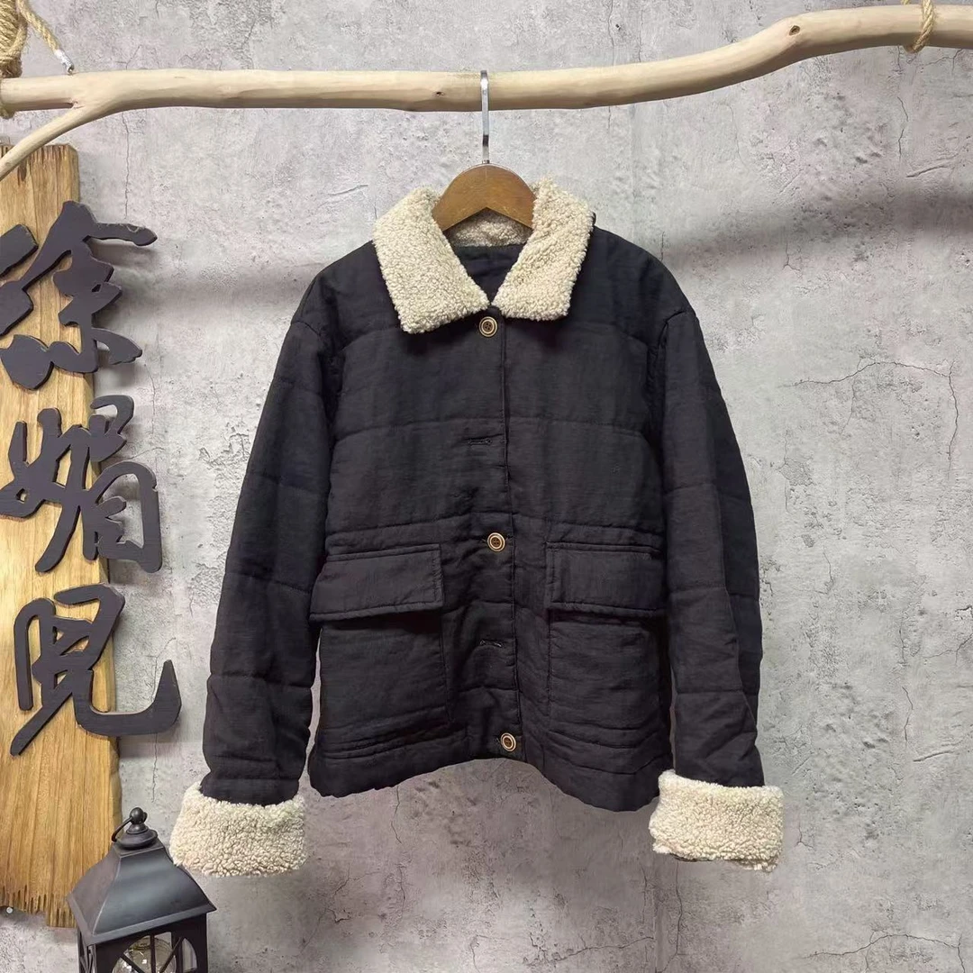 媚儿~原创复古亚麻砂洗翻领羊羔毛棉衣（衣长57 胸围126）